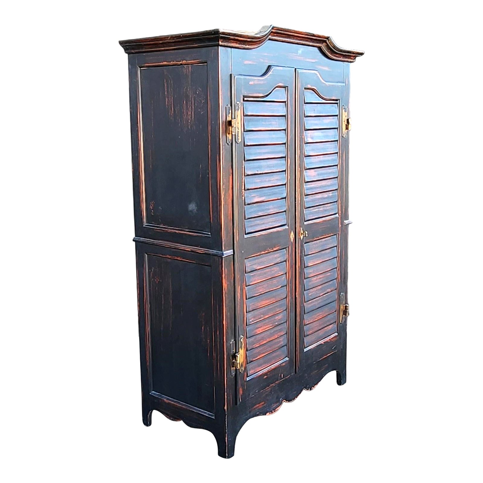 Distressed Painted Primitive Country Style Louvered Door Armoire Closet