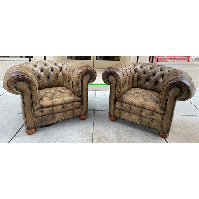 Pair of English Tufted Leather Chesterfield Chairs | Chairish