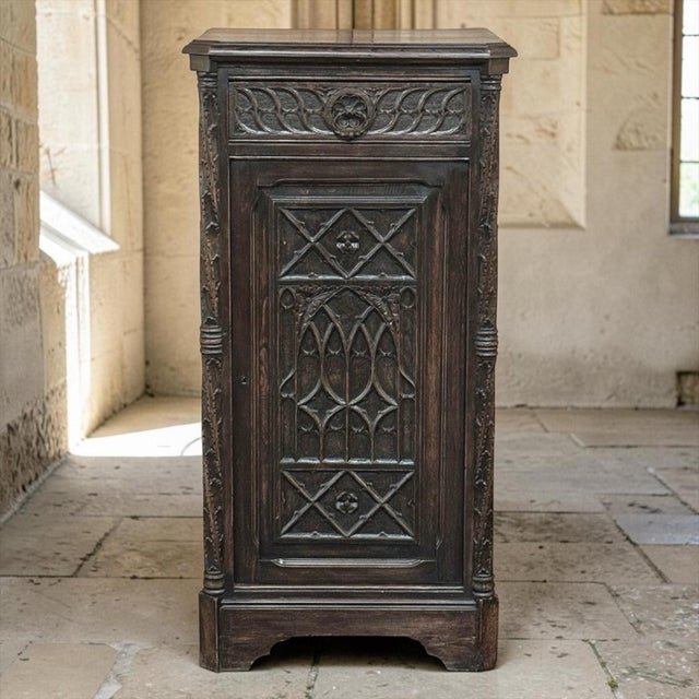 19th Century Gothic Oak Confiturier ~ Cabinet is a commanding example of Gothic Revival craftsmanship, carved in solid oak...