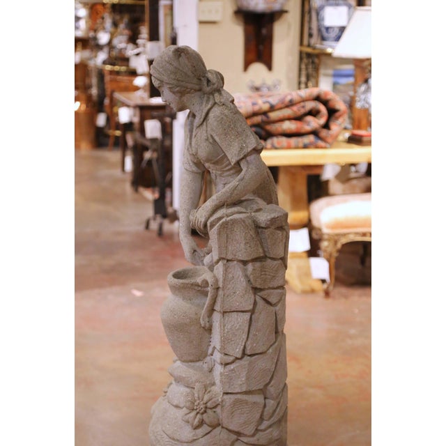 Mid-Century French Cast Stone Garden Figure of Woman at Well on Fluted Pedestal For Sale - Image 9 of 13