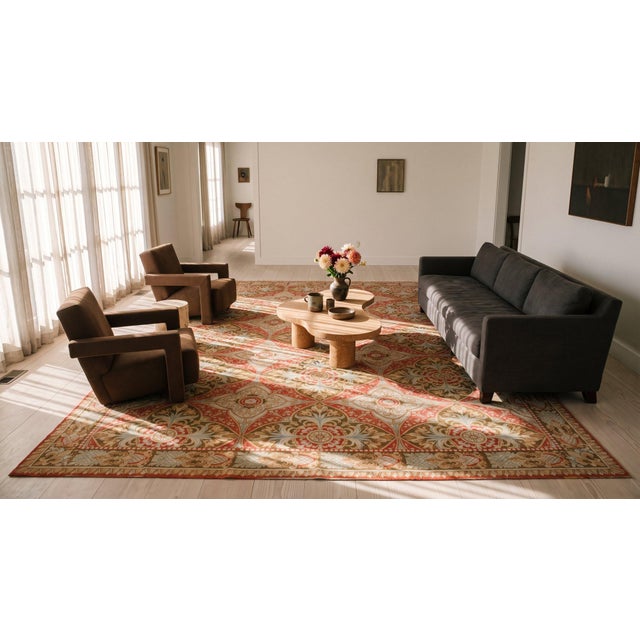 1880s Salmon Floral Medallion Antique French Needlepoint Rug 13'4" X 18' Flatweave Wool Carpet For Sale - Image 9 of 9