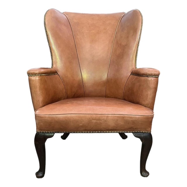 20th Century French Country Style Leather Wingback Armchair For Sale