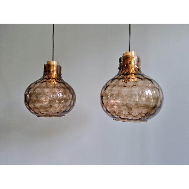 Brass and Smoked Blown Glass Pendant Lights from Glashütte Limburg, 1970, Set of 2 For Sale - Image 12 of 18