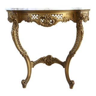 20th Century Italian Carrara Marble Gilded Rococo Demilune Wall Mount Console Table For Sale