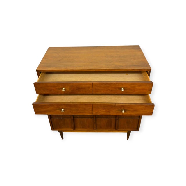 Vintage Mid-Century Modern Highboy Dresser Dovetailed Drawers Brass Finished Pulls. For Sale - Image 9 of 12