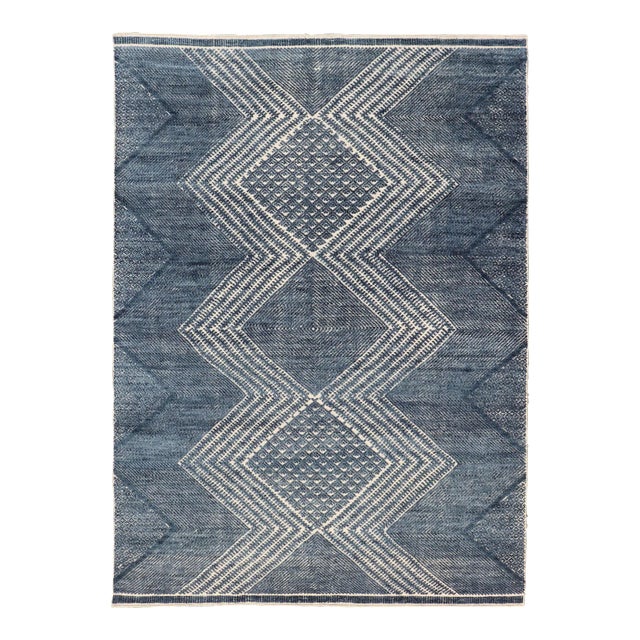 Modern Indian Area Rug With Tribal Design in Denim Blue and Ivory For Sale