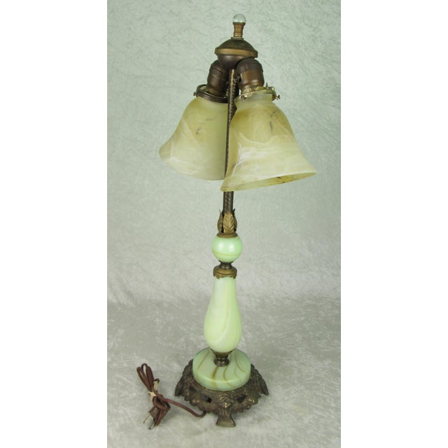 Early 20th Century Uranium Jadeite Table Lamp Alabaster Shades For Sale - Image 10 of 18