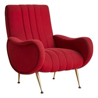 Italian Red Channeled Armchair with Brass Legs, 1950s - 4 Available For Sale