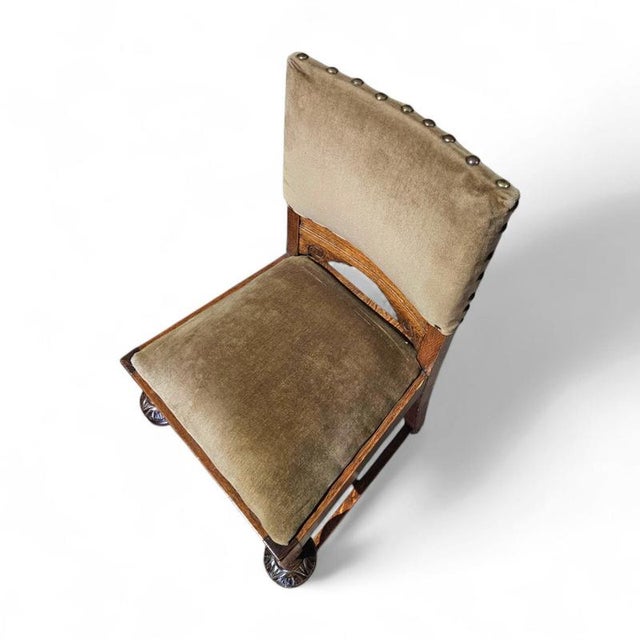 Wood Jacobean Tudor Style Oak Chairs with Green Velvet Upholstery, 1930s For Sale - Image 7 of 12