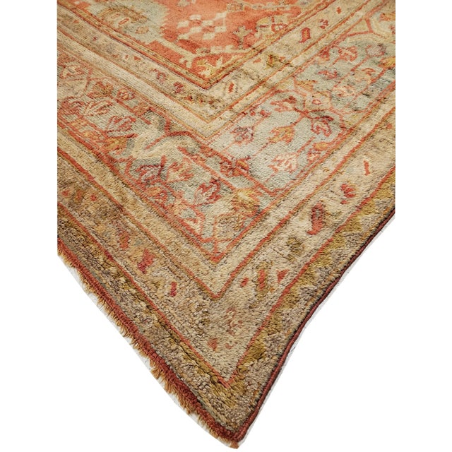 Antique Oushak Oriental Handmade Saffron, Light Blue & Coral Rug For Sale In New York - Image 6 of 12