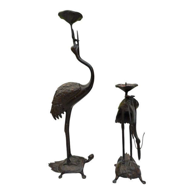 Mid 19th Century Vintage MCM Cast Iron Crane Heron Candlestick Holders Turtle Base Japan Pair For Sale - Image 5 of 18