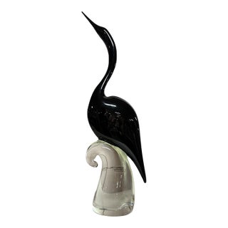 Vintage Formia Murano Black Glass Heron Bird Sculpture - Authentited With Original Sticker For Sale
