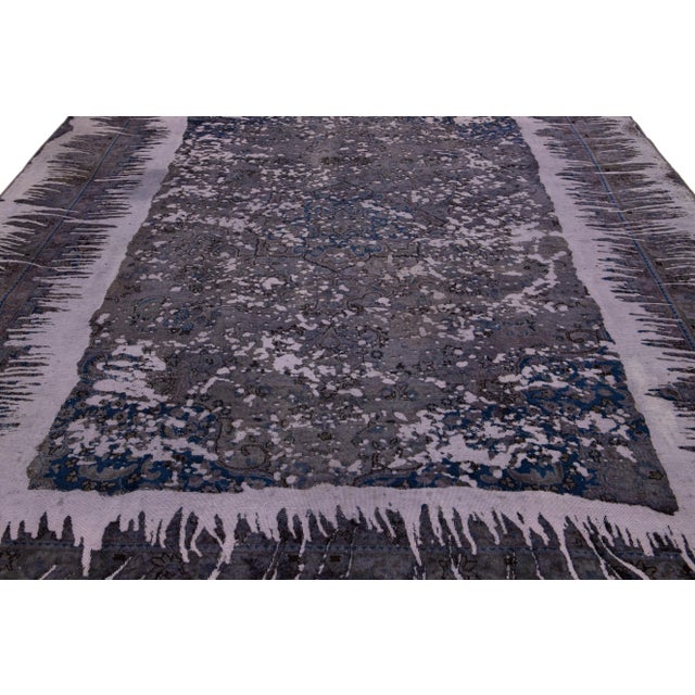 Traditional Vintage Distressed Handmade Floral Gray and Blue Wool Rug For Sale - Image 3 of 11