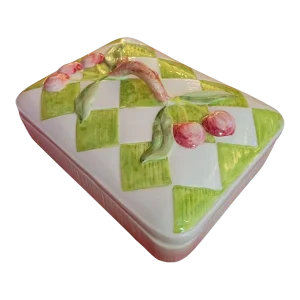 Vintage Italian Ceramic Green Diamond Cherry Painted Regency Trinket Decorative Box
