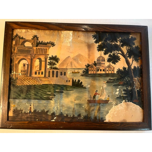 A great old 19th century gouache on paper painting of an Italian? Landscape with architecture and people by and on the...