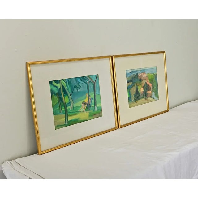 French Pair of Vintage Watercolor Paintings in Gilt Frames For Sale - Image 4 of 8