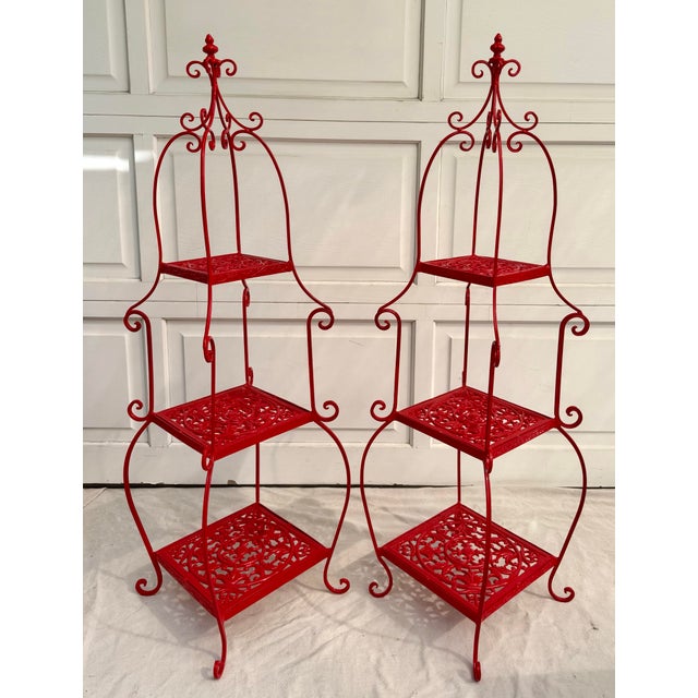 Red Pair of Chinoiserie Pagoda Form Metal Étagères in Gloss Red For Sale - Image 8 of 11