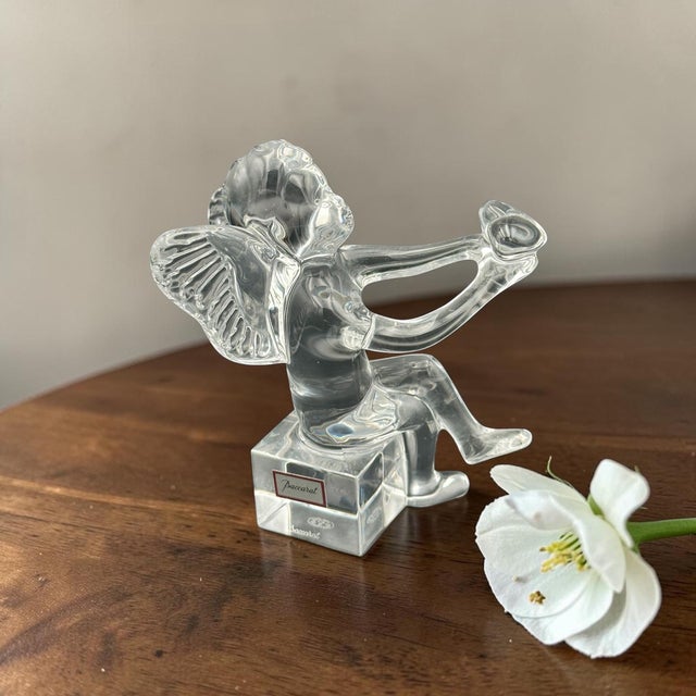 Transparent Baccarat Crystal Cherub Figurine on Block Base – Signed – Angel With Trumpet (4.5") For Sale - Image 8 of 8