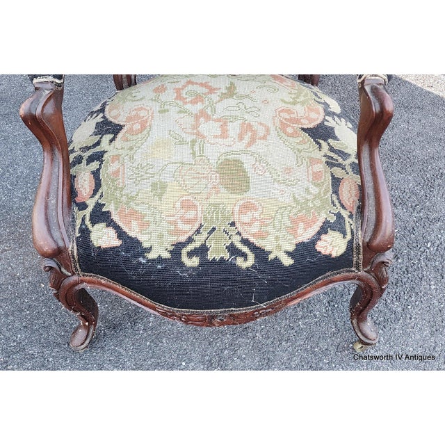 Brown Antique Quality Carved Mahogany Victorian Era Needlepoint Parlor Chair, C1870 For Sale - Image 8 of 10