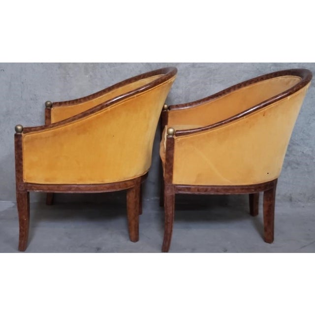 Pair of Vintage Art Deco Revival Hollywood Regency Barrel Back Lounge Chairs in Faux Tortoiseshell Finish For Sale - Image 4 of 11