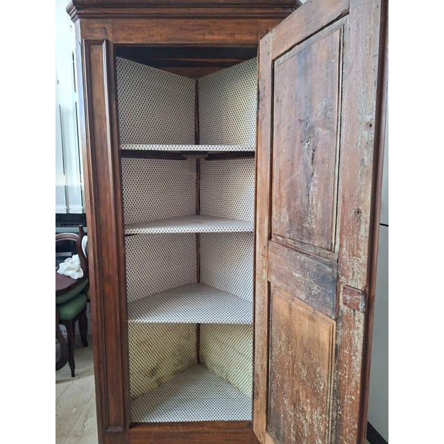 Piedmontese Corner Cabinet in Wood and Lined with Florentine Lily Paper, 1750 For Sale - Image 9 of 13