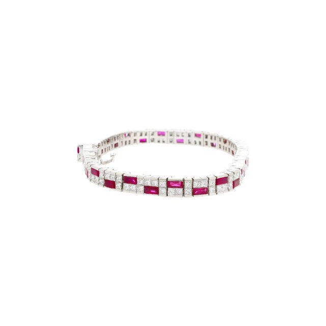 Contemporary 12 Carat Channel Set Art Deco Style Ruby & Diamond Bracelet in 18k White Gold For Sale - Image 3 of 4