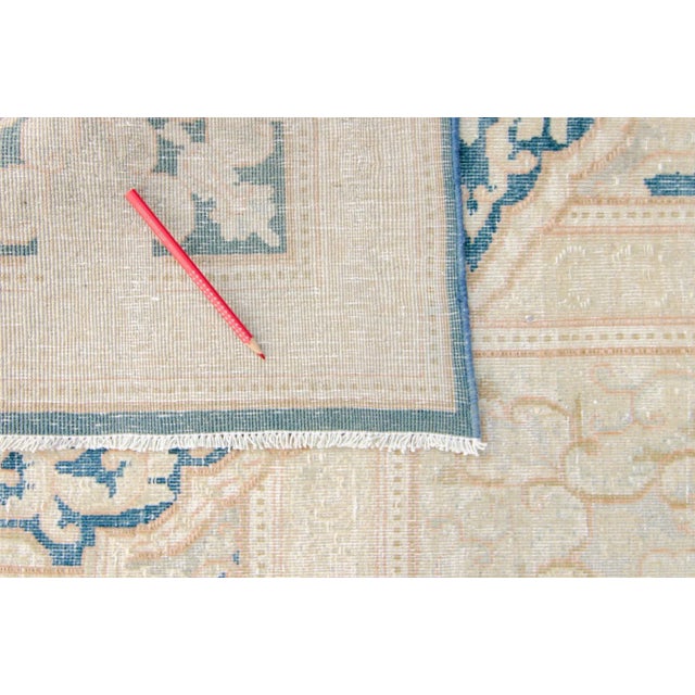 1940s Medallion Blue Beige Floral Distressed Rug Hand Knotted Wool Area Rug 1940s - 9'6” x 13'1" For Sale - Image 10 of 10