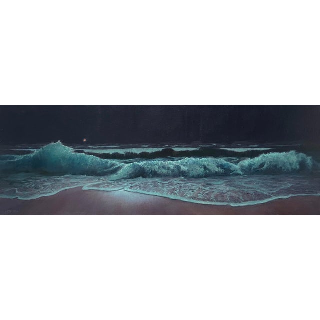 Out Of The Blue by Mark Harrison | Oil on canvas Ocean waves at night with a distant light. For Sale