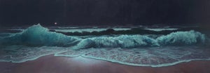 Out Of The Blue by Mark Harrison | Oil on canvas Ocean waves at night with a distant light.
