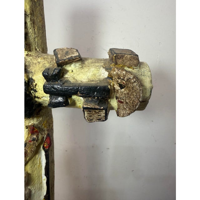 Large 1700's Antique Polychromed Carved Folk Art Wood Religious Crucifix Cross For Sale In New York - Image 6 of 18