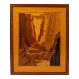 The "Zion Narrows" by Hudson River Inlay - Framed Wood Marquetry Art in Walnut, Maple & Mytrlewood, Usa, C. 1990's