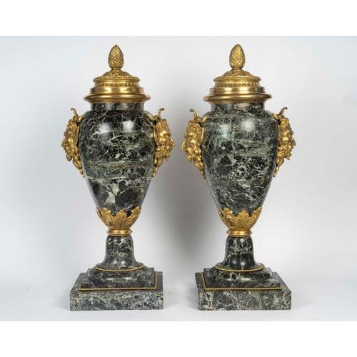Metal Sea Green Marble and Gilded Bronze Cassolettes, Set of 2 For Sale - Image 7 of 11