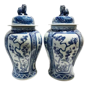Set of Two Large Chinoiserie Blue & White Porcelain Ginger Jars Four Seasons 25" H