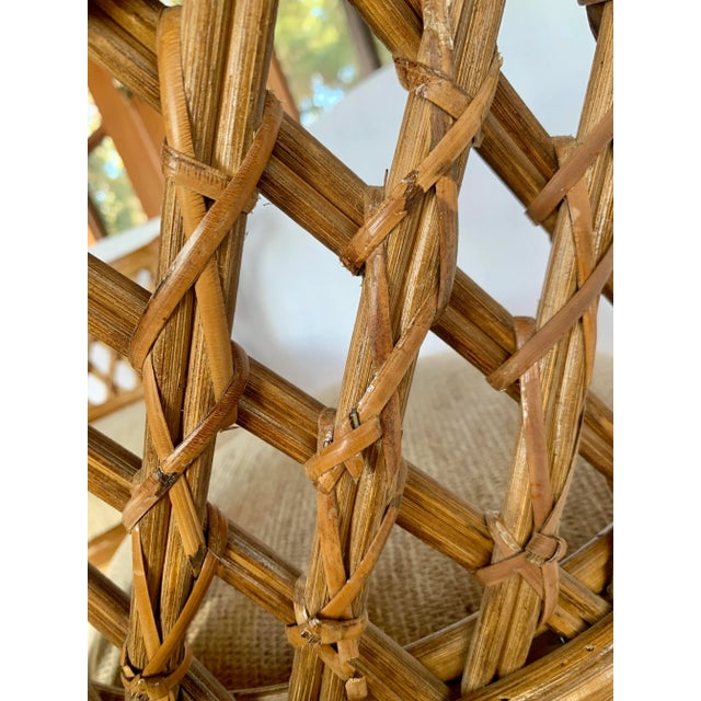 1970’s Palm Beach, Coastal Vintage Lattice Back Rattan Bamboo Wicker Cane Horseshoe Chairs With Original Upholstery - A Pair For Sale - Image 9 of 11