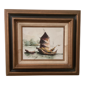 Mid Century Modern Framed Painting on Canvas Chinese Junk Boats by P. Wong