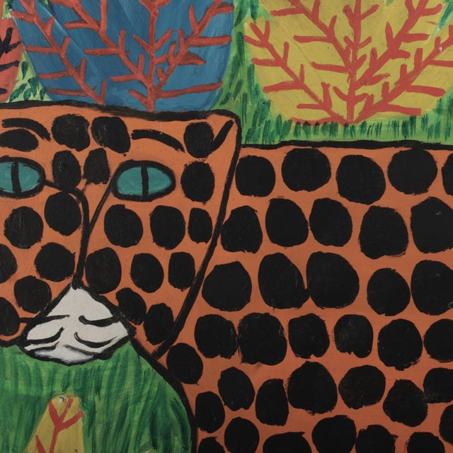Vintage Haitian Painting of a Leopard by Ti Tra Jean Fatreuse Delva For Sale - Image 4 of 9