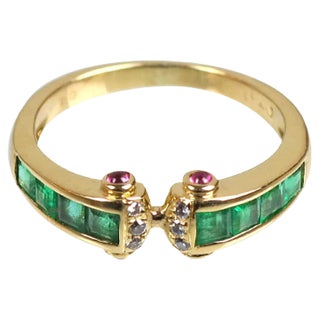 18K Gold, Sapphire, Emerald & Diamond Ring, 1990s For Sale