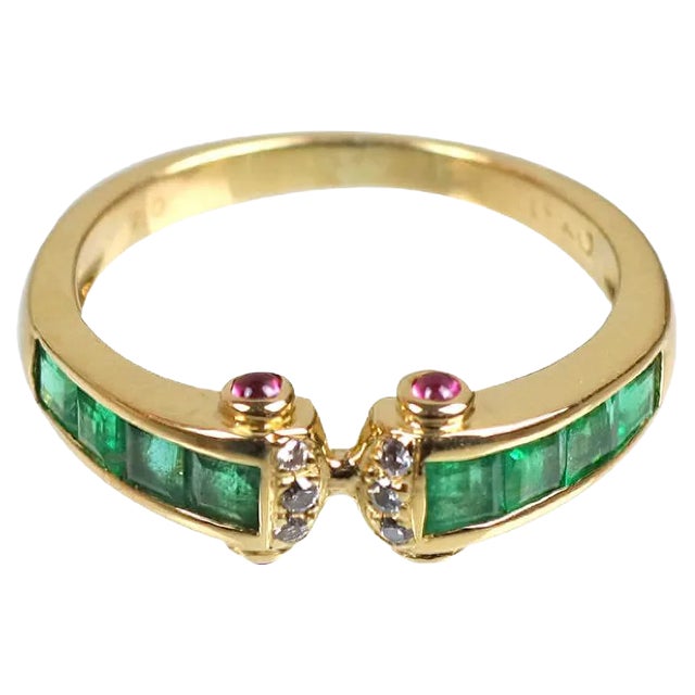 18K Gold, Sapphire, Emerald & Diamond Ring, 1990s For Sale