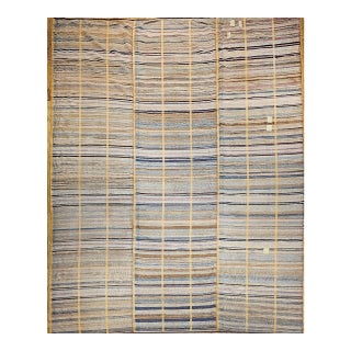 19th Century American Amish Rag Rug, Handwoven Folk Art, Stripe Pattern, Tan & Pale Blue, 10’ X 14’ For Sale