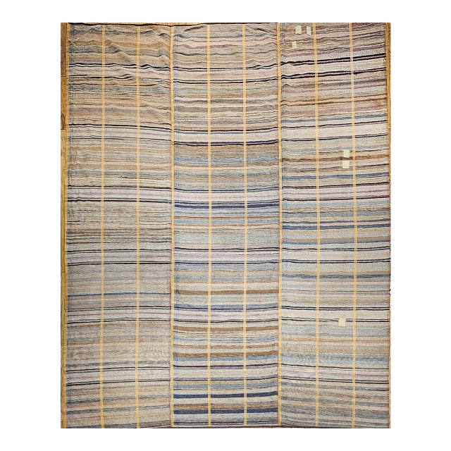 19th Century American Amish Rag Rug, Handwoven Folk Art, Stripe Pattern, Tan & Pale Blue, 10’ X 14’ For Sale