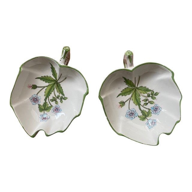 Pair of Painted Ceramic Leaf Dishes For Sale