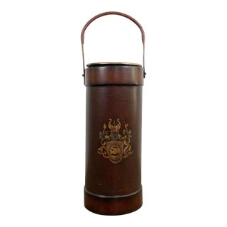 Vintage Royal Crest Leather Umbrella Stand With Handle For Sale