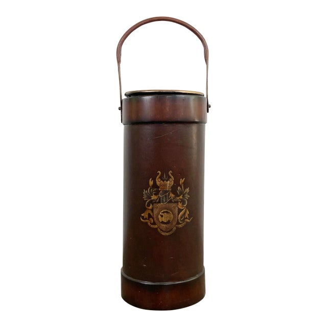 Vintage Royal Crest Leather Umbrella Stand With Handle For Sale