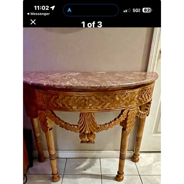 Hollywood Regency Vintage Hollywood Regency Louis XVI Style Carved Wood Demilune Console Table With Pink Marble Top For Sale - Image 3 of 4