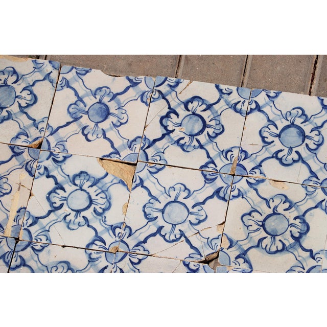 Antique 18th Century Portuguese Blue & White Tiles Set of 61 With Repeating Floral-Geometric Pattern For Sale - Image 10 of 18