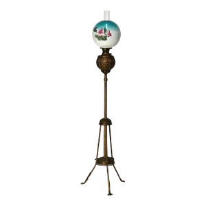Antique Brass Telescoping Piano Oil Lamp & Hand Painted Floral Shade 1890