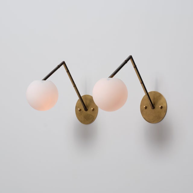 Vintage Italian Geometric Brass and Opaline Globe Wall Sconces, 1950s, Set of 2 For Sale - Image 4 of 14