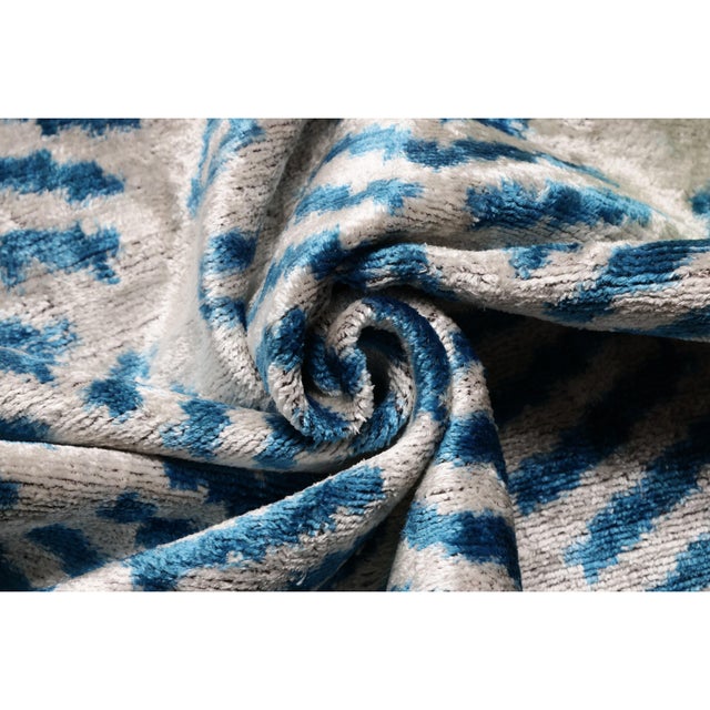 Handmade Blue Ikat Silk Velvet Pillow 20x20 | Designer Accent Cushion For Sale In San Francisco - Image 6 of 8