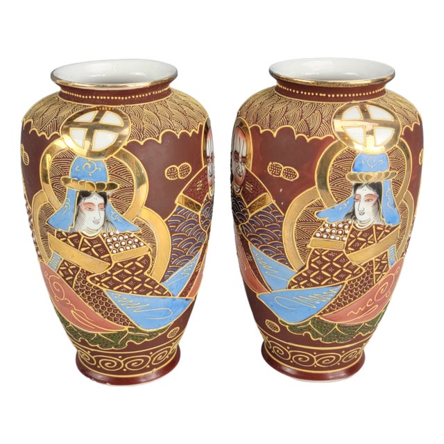 Pair of Japanese Moriage Hand Painted Satsuma-Style Vases With Gilt Figures, 1920s 7.5" For Sale