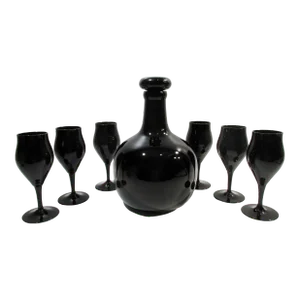 1970s Midcentury All Black Glass Wine Decanter & Goblets Set- 7 Pieces